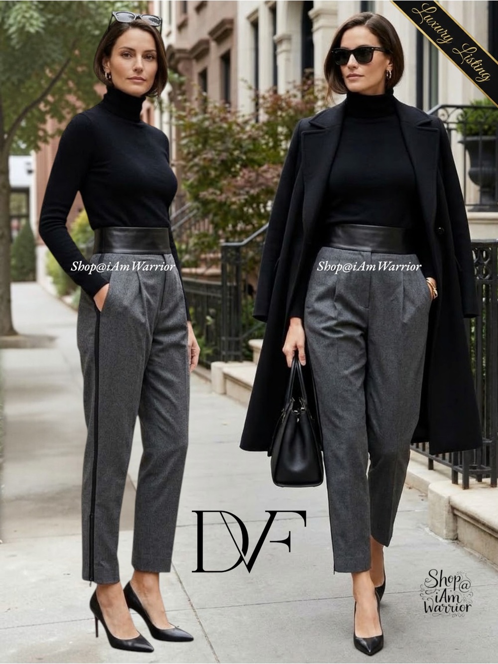 Diane von Furstenberg Leather Cummerbund Waist Ankle Zip Graphite Wool Trousers